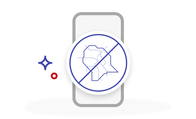 Line drawing: A phone with a crossed out geographical zone